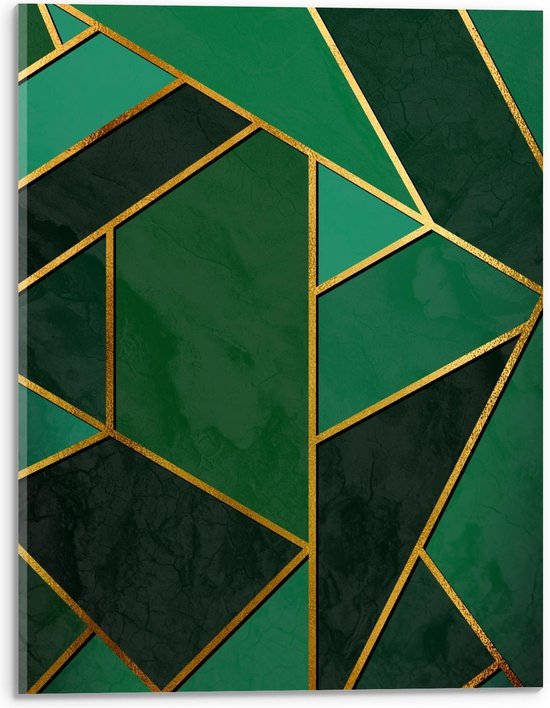 Acrylglas - Groene Vlakken met Gouden Randen - 30x40cm Foto op Acrylglas (Met Ophangsysteem)
