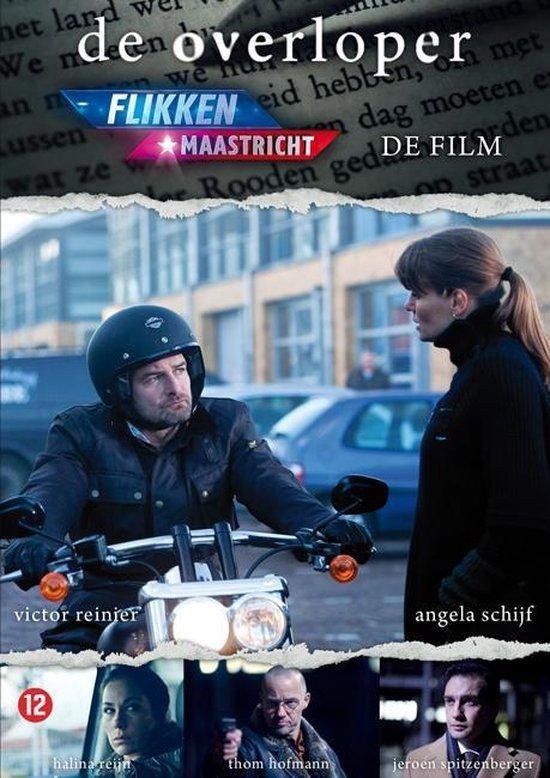 Poster van 'Flikken Maastricht - De film' met Victor Reinier op motor en Angela Schijf ernaast. Drie kleinere foto's eronder.