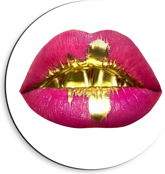 Dibond Wandcirkel - Gouden Verf op Roze Lip - 40x40cm Foto op Aluminium Wandcirkel (met ophangsysteem)