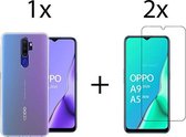 Oppo A9 2020 hoesje siliconen case transparant -  2x Oppo A9 2020 screenprotector screen protector