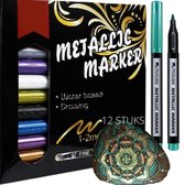 HappyStone Metallic marker stiften 12 kleuren | 1 mm | inclusief Sjablonen | Tekenset | Mandala | Metaal inkt stiften voor stenen schilderen | Happy Stones maken