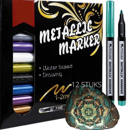 HappyStone Metallic marker stiften 12 kleuren | 1 mm | inclusief Sjablonen | Tekenset | Mandala | Metaal inkt stiften voor stenen schilderen | Happy Stones maken