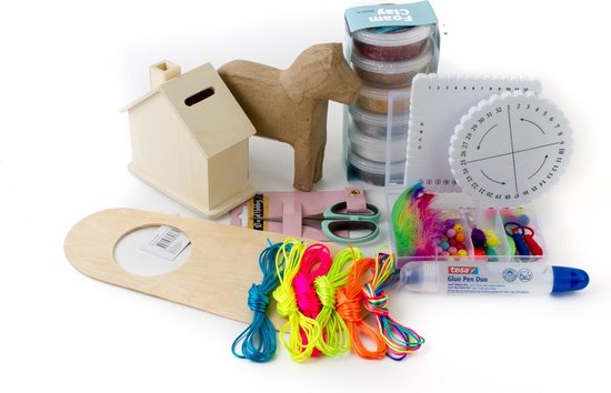 Creatief knutsel pakket paard spaarhuis satijnkoord neon kleuren luxe knutsel box foam clay papier-maché deurhanger hout origineel cadeau kumihimo armbandjes knopen veertje jongen meisje dieren sinterklaas kerst cadeau schoencadeau