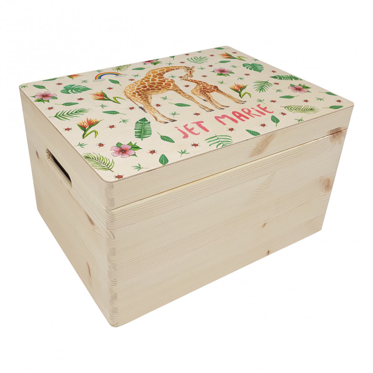 World of Mies memorybox Giraf met naam - Houten herinneringskist 30 x 40 x 23 cm - met handvaten - hoogwaardige kleurenprint in het hout - handgeschilderd design door Mies