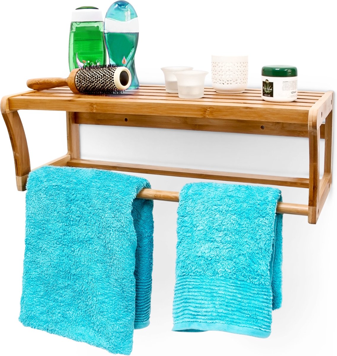 Relaxdays Wandplank badkamer meubel - Plank + handdoekenrek - Rek bamboe hout 60x26x20cm.