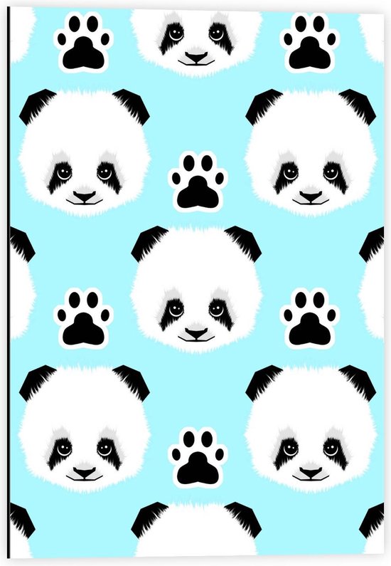 Dibond - Patroon van Panda Cartoons op Blauwe Achtergrond - 40x60cm Foto op Aluminium (Met Ophangsysteem)