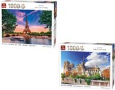King legpuzzels volwassenen 1000 stukjes City Collection - Eiffeltoren aan de Seine + Notre Dame Kathedraal - Frankrijk | 68 x 49 cm | inclusief unieke en praktische rode, blauw sc
