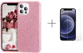 Apple iPhone 12 | Apple iPhone 12 Pro | Back Cover Telefoonhoesje | Roze | TPU hoesje | Glitter + 1x screenprotector Apple iPhone 12