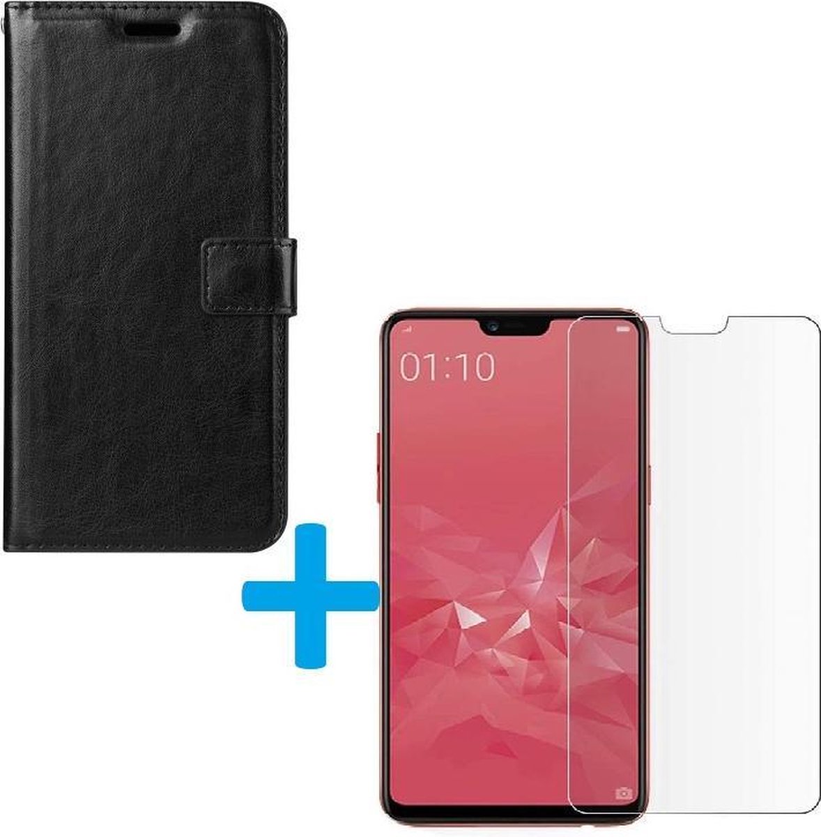 Bookcase Geschikt voor: OPPO A5 2020 - Zwart - portemonnee hoesje met 2 stuks Glas Screen protector