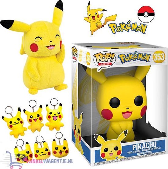 Funko POP! Pikachu Pokémon XL 28cm #353 + Pikachu Pluche Knuffel 20 cm +  Sleutelhanger