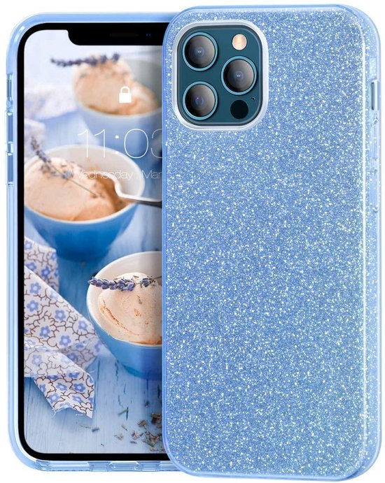 Apple iPhone 12 | Apple iPhone 12 Pro | Back Cover Telefoonhoesje | Blauw | TPU hoesje | Glitter