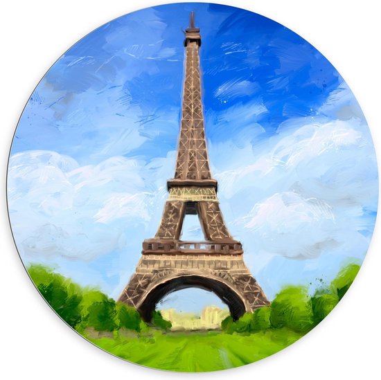 Dibond Wandcirkel - Schilderij van Eiffeltoren van Parijs - 100x100cm Foto op Aluminium Wandcirkel (met ophangsysteem)