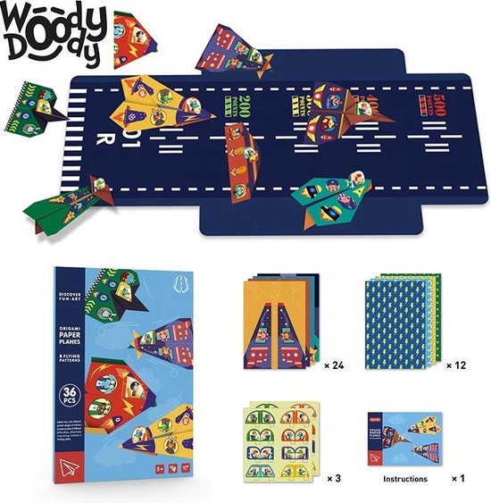 Thumbnail van een extra afbeelding van het spel Montessori Speelgoed Vliegtuigen Vouwen met Vliegveld Origami Papier 35 cm - Creatief Bouwen Mooie Vliegtuigen Vouwen met Stickers - WoodyDoody