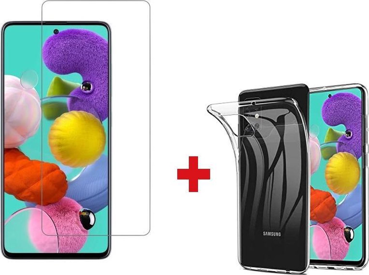 2-In-1 Samsung Galaxy A51 Hoesje Siliconen case transparant + Screenprotector Glass