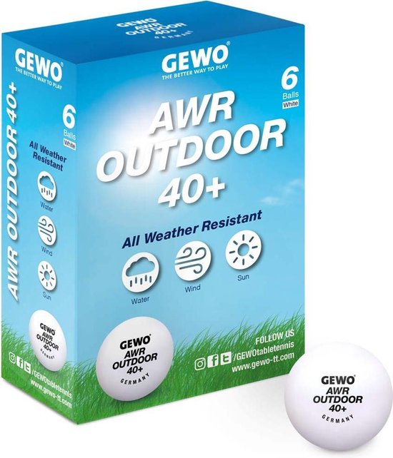 Gewo Balles de tennis de table AWR Otudoor 40+ - Boite de 6 - Blanches