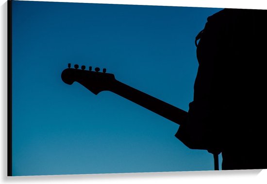 Canvas  - Silhouet van Gitarist op Blauwe Achtergrond - 120x80cm Foto op Canvas Schilderij (Wanddecoratie op Canvas)