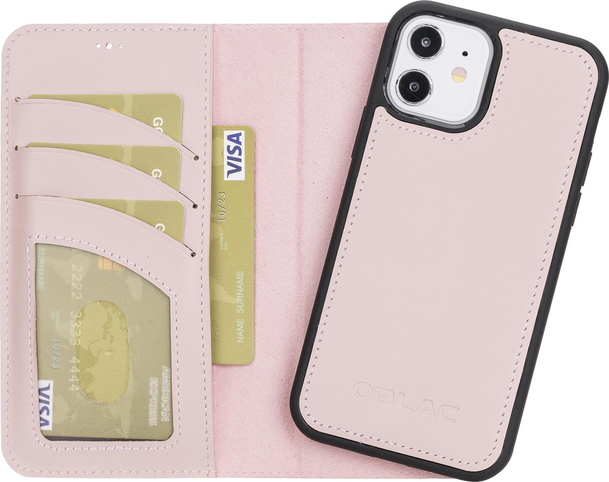 Hoesje iPhone 12 / 12 Pro Oblac® - Full-grain leer - Magnetisch 2IN1 - RFID - 5 kaartvakken - Nude Roze