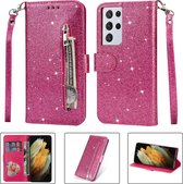 Glitter Bookcase voor Samsung Galaxy S21 Ultra | Hoogwaardig PU Leren Hoesje | Lederen Wallet Case | Telefoonhoesje | Pasjeshouder | Portemonnee | Roze