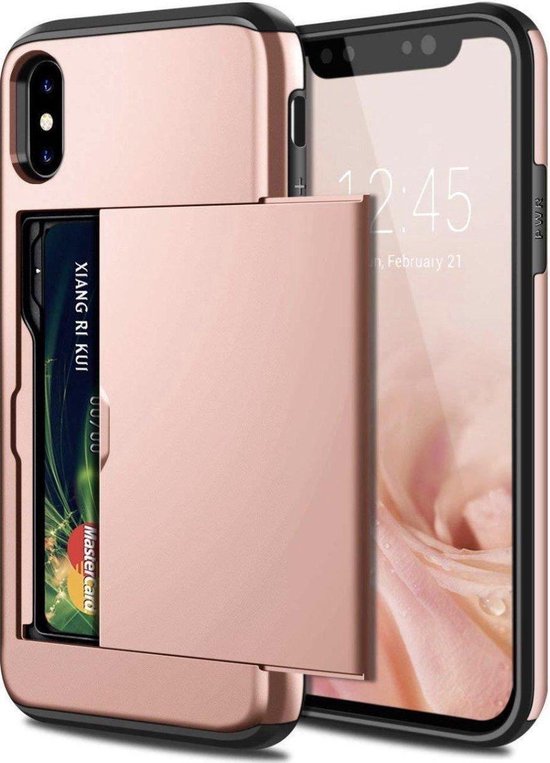 Coque de téléphone rose avec une carte visible dans le compartiment coulissant.