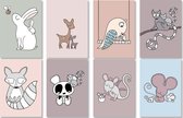 8 vrolijke wenskaarten - geboorte - zwanger - baby - dieren - A6 formaat - enkele kaarten - zonder tekst - inclusief 8 enveloppen - illustraties door Sterre Kampman