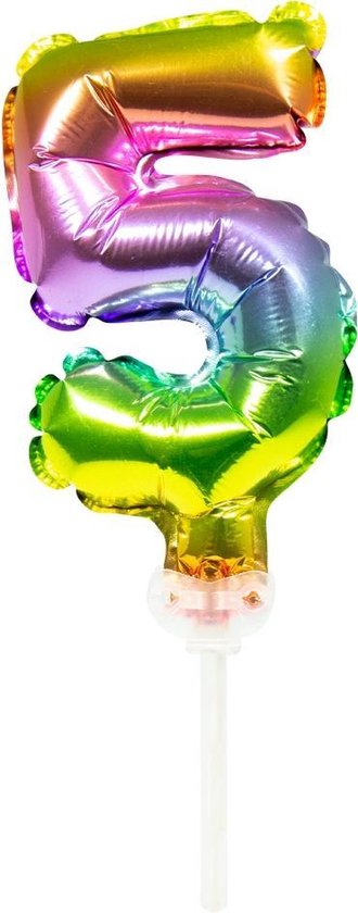 Folie Ballon Cijfer 5 Regenboog 13cm met Stokje