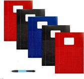 Schriften A4 Ruitjes 10mm - Met Kantlijn - Set van 5 stuks - Basic kleuren - Inclusief GRATIS Balpen - GRATIS verzonden