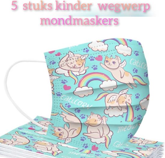 Foto: Kinder wegwerp mondmasker caticorn 5 stuks