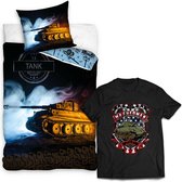 Dekbedovertrek Leger Tank- Army Combat- Logo Tank 13- 1persoons- 140x200- Dekbed Jongens- 100% katoen, incl. zwart kinder T-shirt met Tankprint mt 12/14