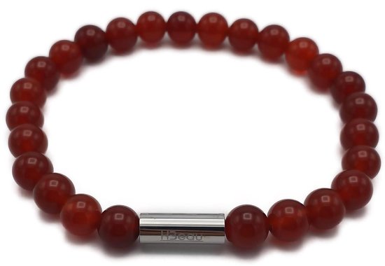 H-Beau - Bracelet fait main de pierres précieuses / pierres naturelles / perles de cornaline - unisexe - perle en acier inoxydable - 8 mm - longueur 21 cm - poli - rouge / Oranje
