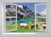 tuinposter - 90x65 cm - doorkijk wit venster bergwei met koeien - tuindecoratie - tuindoek - tuin decoratie - tuinposters buiten - tuinschilderij