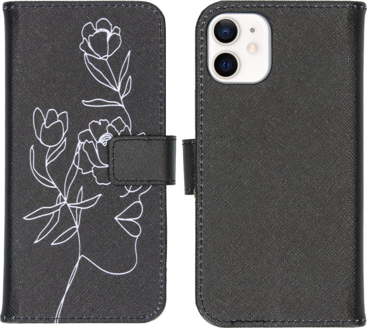 iMoshion Hoesje Geschikt voor iPhone 12 Mini Hoesje Met Pasjeshouder - iMoshion Design Softcase Bookcase - Wit / Zwart / Woman Flower Black