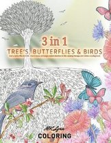 3 in 1 tree's, butterflies & birds - Hand drawn zentangle styled sketches in this calming therapy anti-stress coloring book