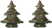 2x stuks kerstdecoratie rotan decoratie kerstboom groen met verlichting H40 cm - Kerstversiering kerstbomen met licht