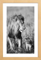 JUNIQE - Poster met houten lijst Lion Teaching His Cub -13x18 /Grijs &