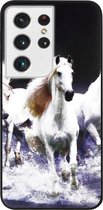 - ADEL Siliconen Back Cover Softcase Hoesje Geschikt voor Samsung Galaxy S21 Ultra - Paarden Wit