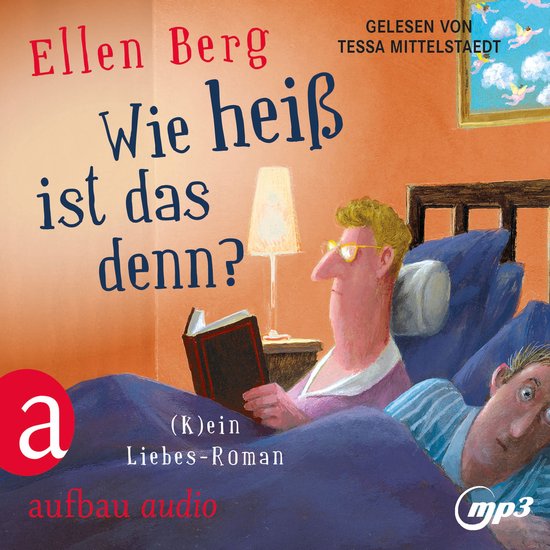 Luisterboekhoes: Een stel in bed, zij leest, hij kijkt verbaasd. Titel: Wie heiß ist das denn? (K)ein Liebes-Roman.