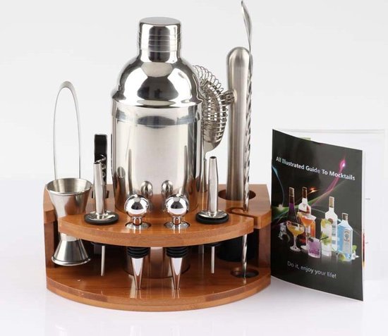 Kit Shaker Cocktail 12 Pièces Avec Support - Acier Inoxydable - Pour Bar Maison
