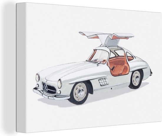Canvas Schilderij Illustration van een vintage Mercedes Gullwing sportauto uit de jaren '50 - 140x90 cm - Wanddecoratie