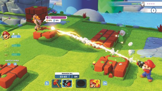 Mario + Rabbids Kingdom Battle gameplay: Mario en Rabbid Mario vechten op een groene heuvel met oranje blokken, en raken Bwahmanza Bill met een bliksemstraal.