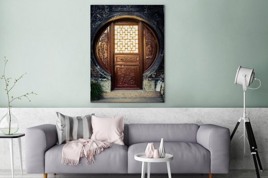 Traditionele Chinese deur Canvas 90x120 cm - Foto print op Canvas schilderij (Wanddecoratie woonkamer / slaapkamer)