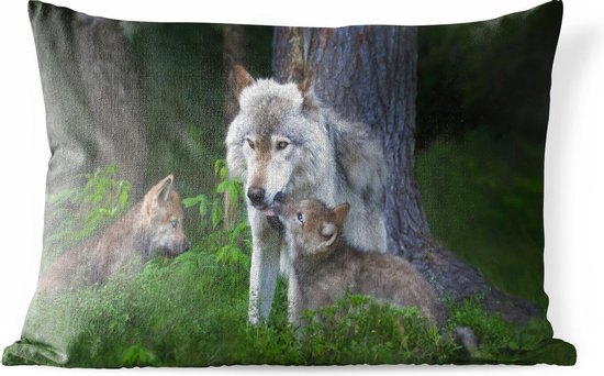 Buitenkussens - Tuin - Wolf met jongen in het bos - 50x30 cm