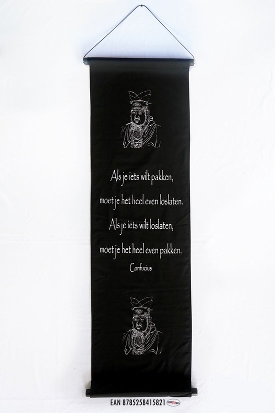 Tissu mural-Tissu mural; Proverbes Confucius, 'Lâchez prise' toile noire avec texte blanc, 122 x 35 cm.