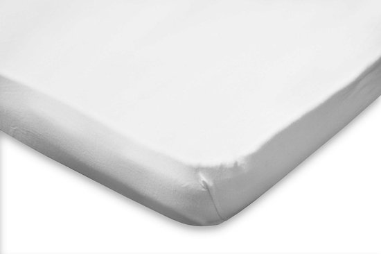 Drap-housse blanc en jersey pour surmatelas avec coins élastiques, gros plan.