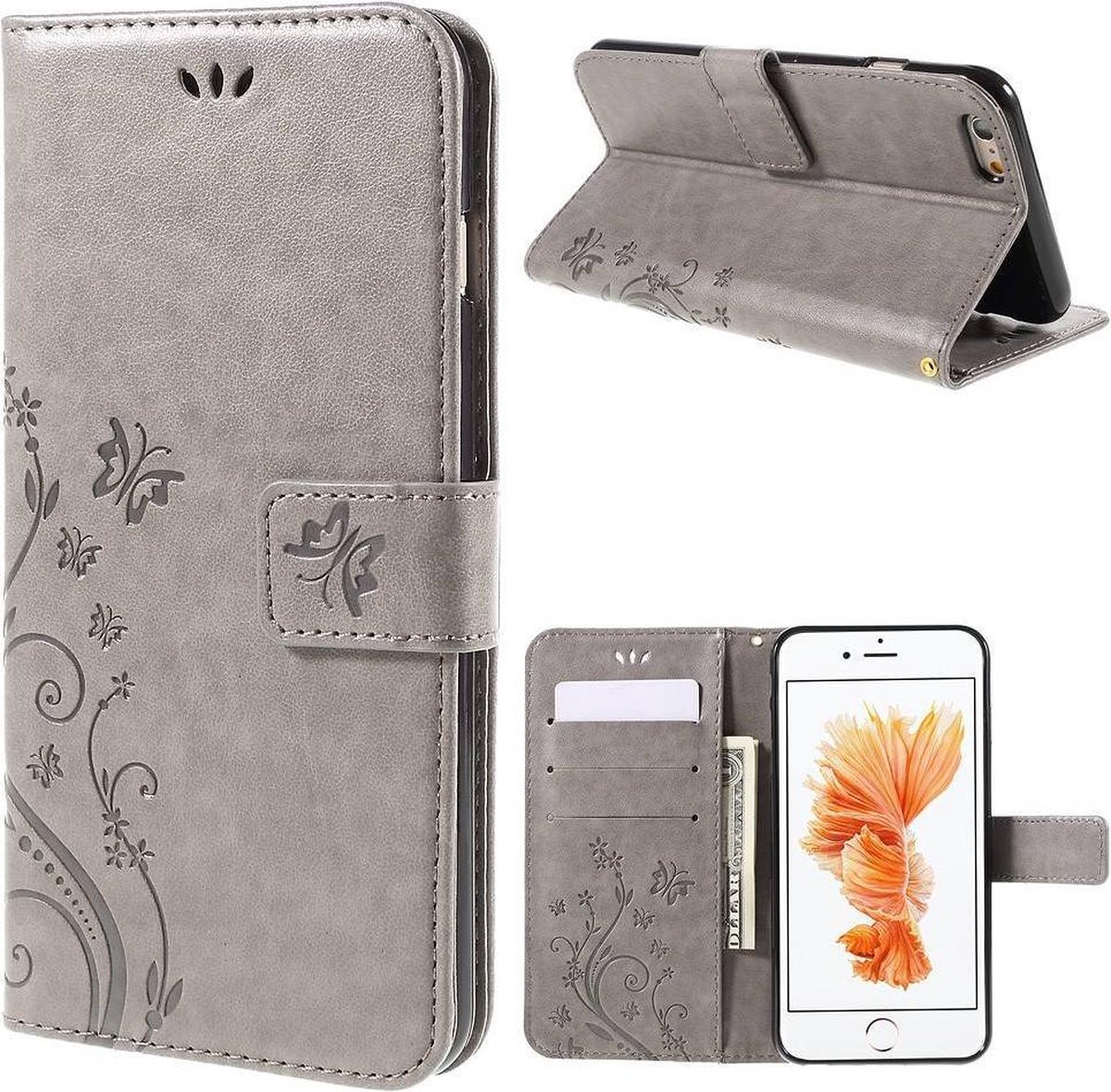 PU Leren Wallet iPhone 6(s) - Vlinder en Bloemprint- Grijs