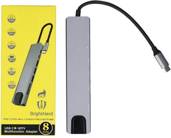 BrightNerd 8 in 1 V2 USB-C adapter - hub - RJ45 - HDMI - USB - SD - Space Grey - BrightNerd