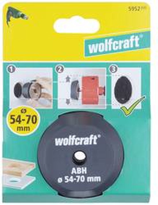 Wolfcraft verloopadapter verpakt op geel karton met afbeeldingen van gebruik en "54-70 mm".