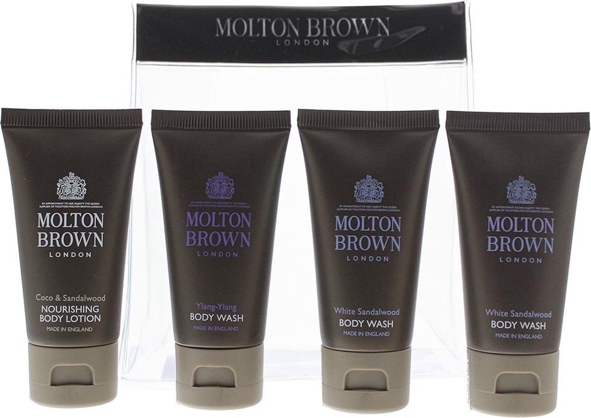 Molton Brown 4 Piece Gift Set: Coco Sandalwood Body Lotion 30ml - Ylang Ylang Body Lotion 30ml - 2 X White Sandalwood Body Wash 30ml