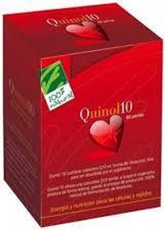 100 Natura Quinol 10, 60 parels. Rode verpakking met hart-illustratie en "100% natural" logo.