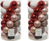 74x stuks kunststof kerstballen lichtroze(blush)/rood/wit 6 cm - mat/glans/glitter - Onbreekbare plastic kerstballen