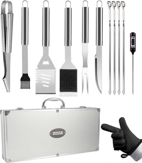 Set d'accessoires pour barbecue avec thermomètre, gants, pinces, brosse de Zedar